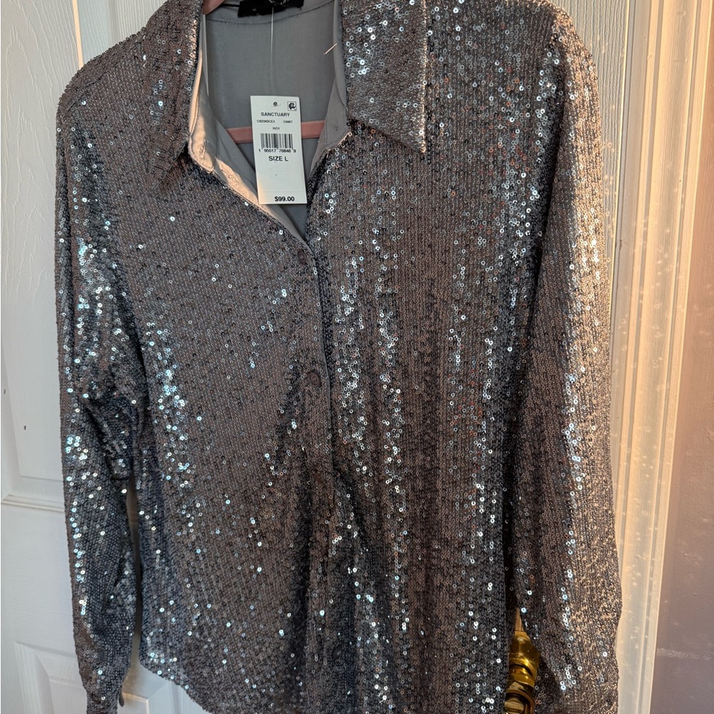 Button down blouse with collar, silver with sparkles. Fun shirt to wear out.